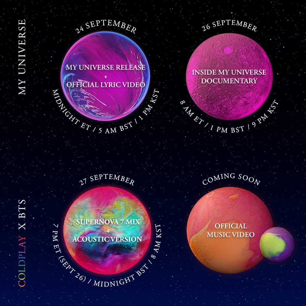 UniversBTS_'s tweet photo. Cronograma 'My Universe:

Lançamento de áudio + vídeo oficial da letra
🗓 24 de setembro
⏰ 01AM 🇧🇷

Documentário Por Dentro de My Universe
🗓 26 de setembro
⏰ 09h 🇧🇷

 Supernova 7 Mix e Acoustic Ver
🗓 26 de setembro
⏰ 21h 🇧🇷

⚠️ Vídeo oficial da música - EM BREVE
#MyUniverse https://t.co/X7rqAba9xh