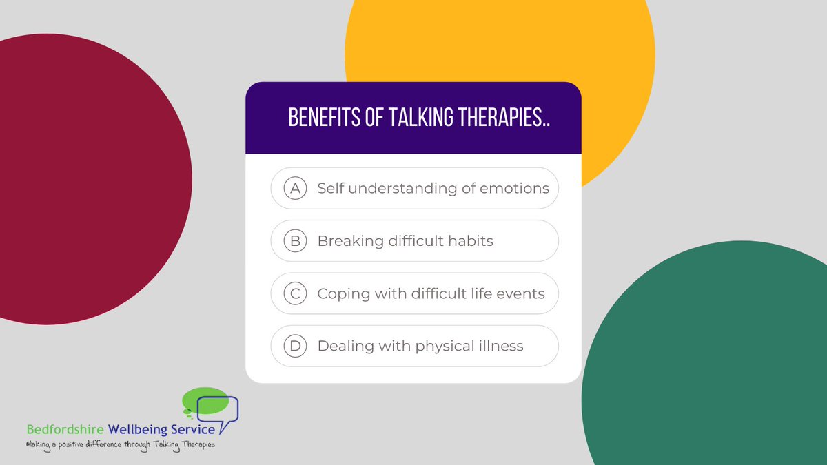 BedfordshireTT's tweet photo. We offer a range of talking therapies to help you with worries and difficulties you may be facing. If you feel that you need help with any of the below you can self refer today on our website or call the office today. 

Info can be found in our bio! https://t.co/HVDvDIReB3