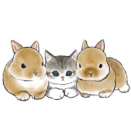 「うさぎに挟まれる
ちっちゃいにゃんこ。 」|ぢゅの🐈のイラスト