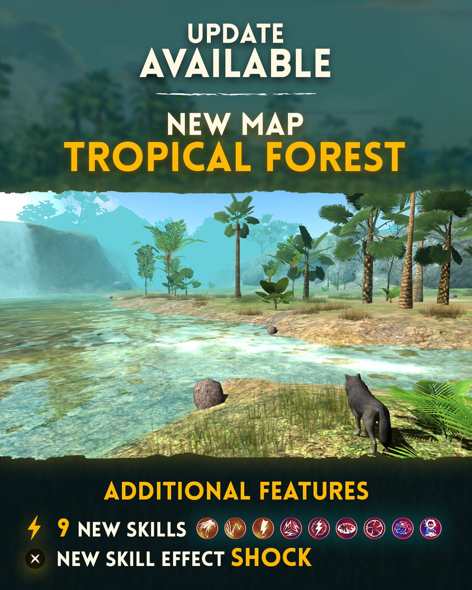 The Wolf 2.3.0 is here! It’s time to dive deep into the Tropical Forest and hunt some of the most dangerous animals! Are you ready to explore with nine new skills, a new skill effect “Shock” and the new cinematic mode? 🐺⚡️