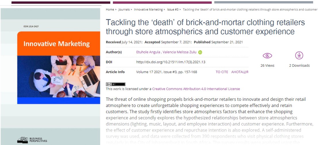 IM_journal_BP's tweet photo. 🖇️ https://t.co/jKbzdxnKbQ
☑️ Tackling the ‘death’ of brick-and-mortar clothing retailers through store atmospherics and customer experience
👥 Etuhole Angula, Valencia Melissa Zulu
#ambient #design #instoreexperience #shoppingbehavior #social #SouthAfrica https://t.co/2qYnxg8hWZ