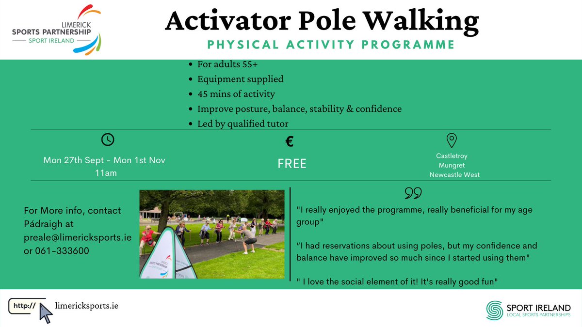 Limericksports's tweet photo. Delighted to be bringing a range of events for our 55+ age group of Limerick in celebration of #PositiveAgingWeek
These programmes are absolutely FREE🙌
Book by contacting us at info@limericksports.ie or calling 061-333600
FULL SCHEDULE: https://t.co/LQnW54zQ6E
#EWOS https://t.co/wIZQkDEw6w