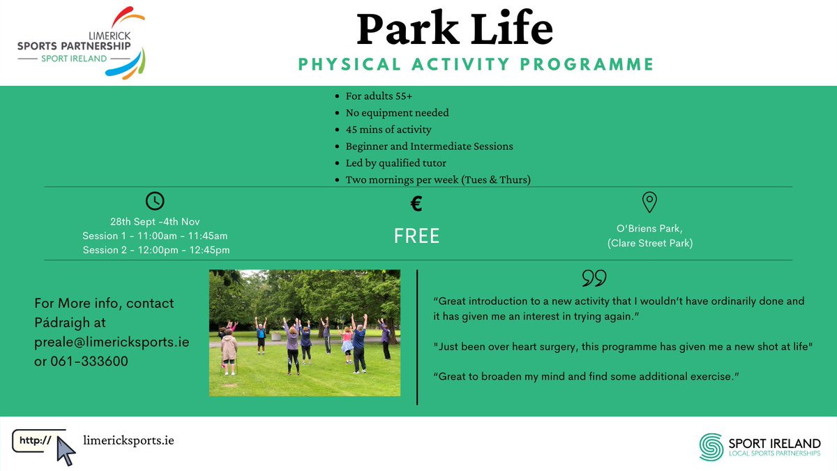 Limericksports's tweet photo. Delighted to be bringing a range of events for our 55+ age group of Limerick in celebration of #PositiveAgingWeek
These programmes are absolutely FREE🙌
Book by contacting us at info@limericksports.ie or calling 061-333600
FULL SCHEDULE: https://t.co/LQnW54zQ6E
#EWOS https://t.co/wIZQkDEw6w