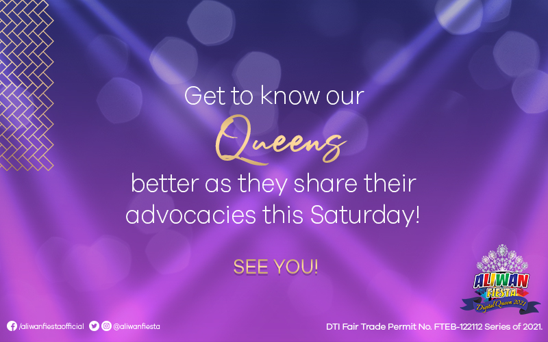 aliwanfiesta's tweet photo. What makes a true beauty queen is having a heart that cares for others. Witness as they share what advocacies they believe in this coming Saturday. Don’t miss it!
#AliwanFiestaDigitalQueen2021 #QueensforaCause https://t.co/fiEwGhkFOY