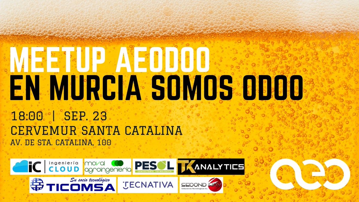 aeodoo's tweet photo. Mañana tendrá lugar en #Murcia nuestro primer #meetup. Después de tanto tiempo sin vernos no te lo puedes perder. Hablaremos de #Odoo con nuestros asociados  Serincloud, @aeodoo, @moval_es, Tkanalytics, @TicomsaSistemas , @SecondWaySL  y @tecnativa. https://t.co/ldeEOOqx3d