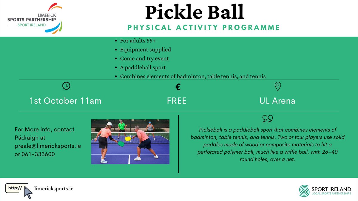 Limericksports's tweet photo. Delighted to be bringing a range of events for our 55+ age group of Limerick in celebration of #PositiveAgingWeek
These programmes are absolutely FREE🙌
Book by contacting us at info@limericksports.ie or calling 061-333600
FULL SCHEDULE: https://t.co/LQnW54zQ6E
#EWOS https://t.co/wIZQkDEw6w