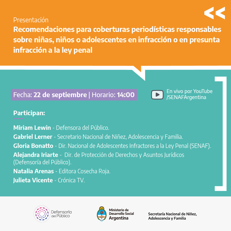 📣#HOY a las 14: Presentamos, junto a la Secretaría Nacional de Niñez, Adolescencia y Familia, las recomendaciones para coberturas periodísticas responsables sobre niñas, niños o adolescentes en infracción o presunta infracción a la ley penal.

En vivo por youtube.com/SenafArgentina