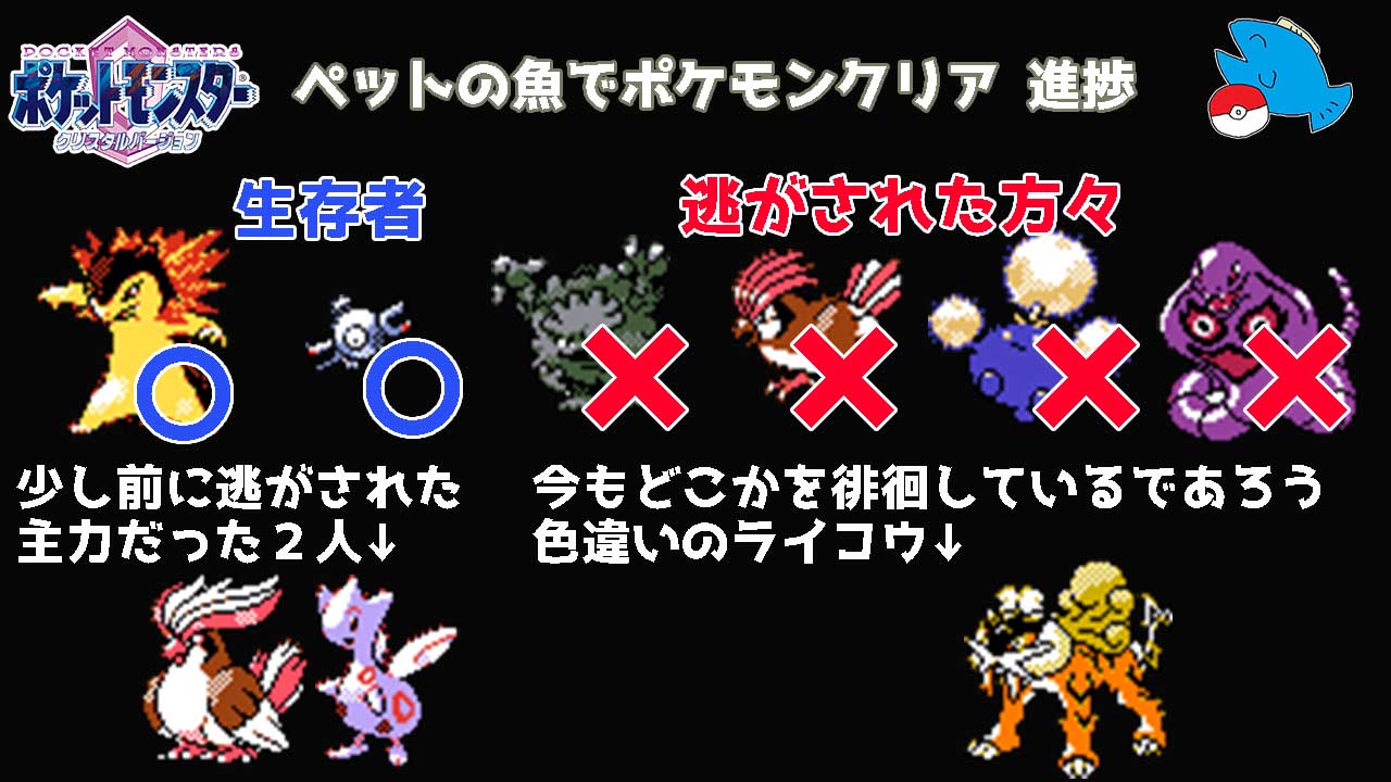 むてきまるちゃんねる Mutekimaru Channel 不定期 毎日進捗 ペットの魚がポケモンクリア 本日昼枠にてお魚が自ら主力ポケモン4匹を逃がした ルビーサファイア編でバシャーモ ノホホホホ を逃がした時とは比べられないほど状況が思わしくないと言える
