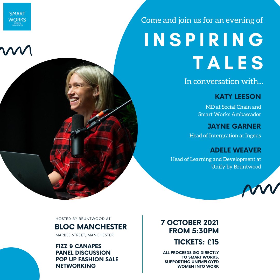 Join us at the next <a href="/SmartWorksGM/">Smart Works Greater Manchester</a> event to hear inspiring tales including from our very own Adele Weaver, <a href="/KatyLeeson/">Katy Leeson</a> of @TheSocialChain and Jayne Garner of <a href="/Ingeus_uk/">Ingeus UK</a>

All proceeds go to supporting unemployed women back into work.

Tickets ➡️ tickettailor.com/events/smartwo…