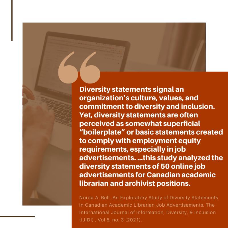 IJIDI1's tweet photo. Norda A. Bell explores and identifies four types of diversity statements found in Canadian academic librarian job advertisements. #JobAds #DiversityStatements #AcademicLibraries #LibraryJobAds #Diversity #Equity #Inclusion DOI: https://t.co/veOv9Fm64u https://t.co/c4r4yY9MqL