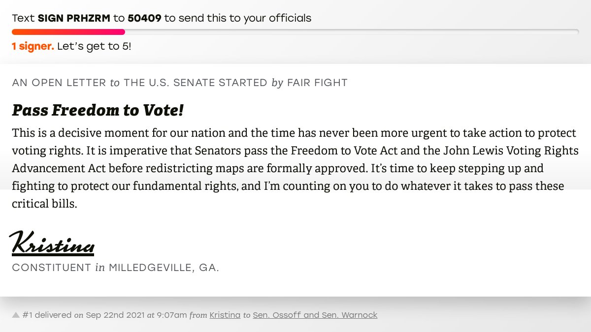 🖋 Sign “Pass Freedom to Vote!” and I’ll deliver a copy to your officials: x.com/messages/compo…

📨 No. 1 is from Kristina to <a href="/SenOssoff/">Ossoff's Office</a> and <a href="/SenatorWarnock/">Senator Reverend Raphael Warnock</a> #GA10 #GApol