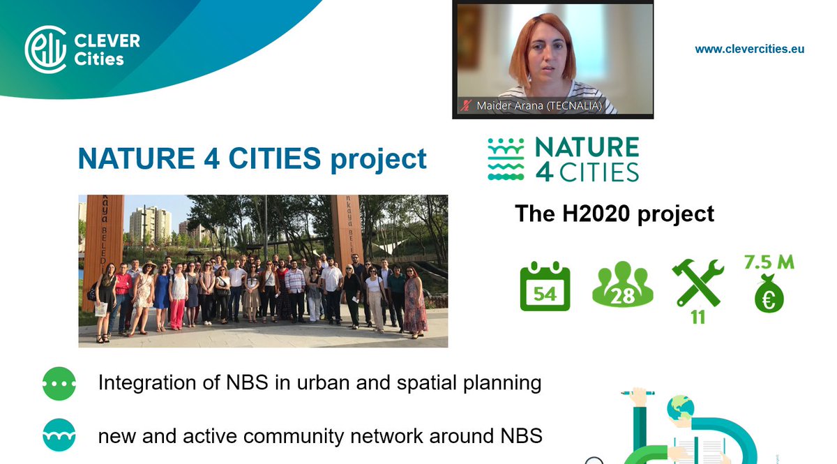 Maider Arana presented Nature4Cities Implementation Models pre-selection tool during a virtual workshop dedicated to the financing of NBS at CLEVER Cities Annual Assembly! 
Our tools continue spreading to create, assess and implement NBS projects !

nature4cities-platform.eu/#/implementPro…