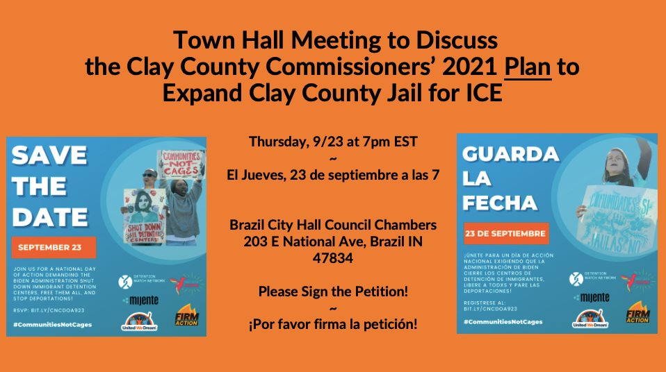 SBdocWatch's tweet photo. Please join us to learn more about the 2021 Clay County Commissioners' PLAN to expand Clay County Jail in Brazil, IN. This expansion will almost triple the number of beds that the jail has to contract with ICE to hold immigrants. #StopClayCountyINExpansion #GetICEOutofIN https://t.co/gbTtVMUFeI