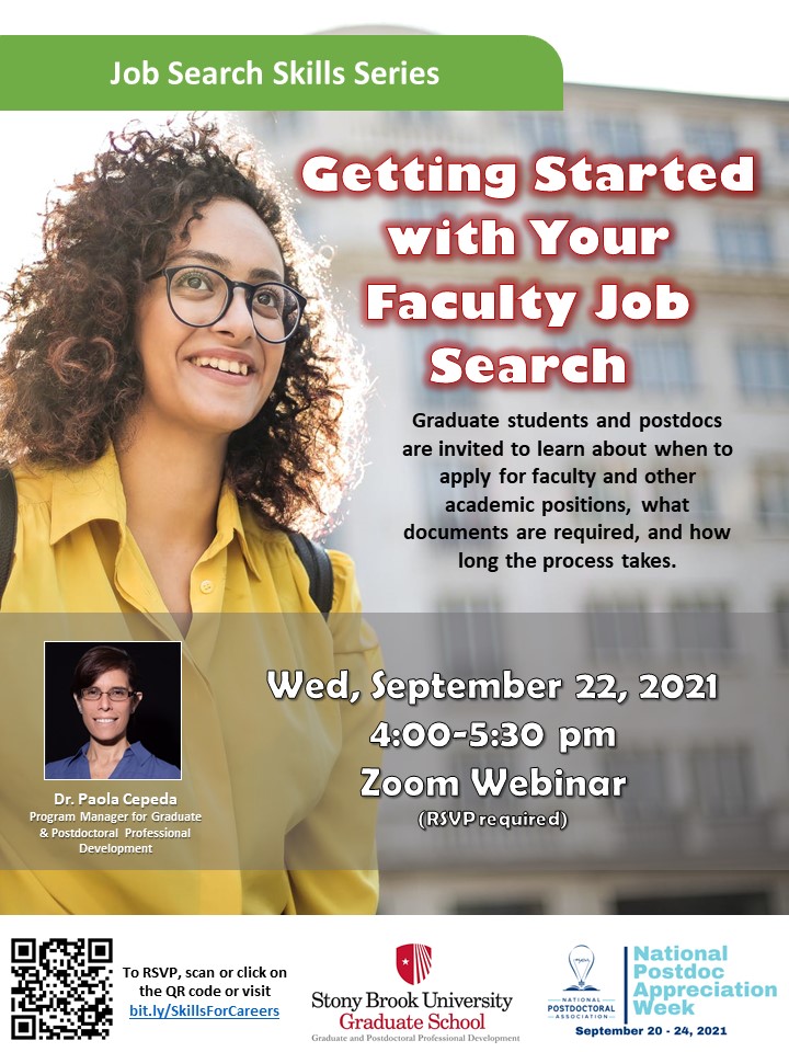SBUGradProfDev's tweet photo. Our #NPAW2021 celebration continues with today's workshop for #SBUpostdocs and grad students on
Getting Started with Your Faculty Job Search
TODAY 9/22 4-5:30pm
RSVP for Zoom link:
https://t.co/Yy2N1Ejy1t
with our own Dr. Paola Cepeda!
@GradSBU @AlfredaJames3 https://t.co/SYs5aOgFSu
