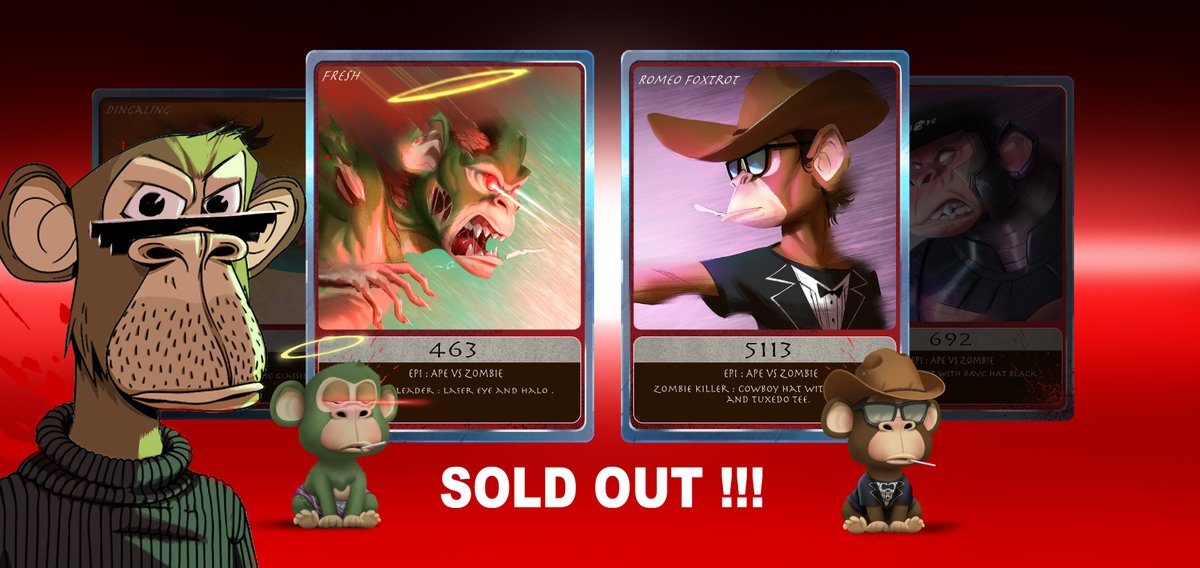 Sold out!!🔥🔥Our parent 463 and 5113 cards
Thanks so much for all card collectors!! a few cards of set 2 left and Stay tune for the next drop !! <a href="/ApeParentClub/">Apes Parents Club - by 4928</a> 
Collect all to get exclusive Ep 1 :  APE vs ZOMBIE
opensea.io/collection/ape…