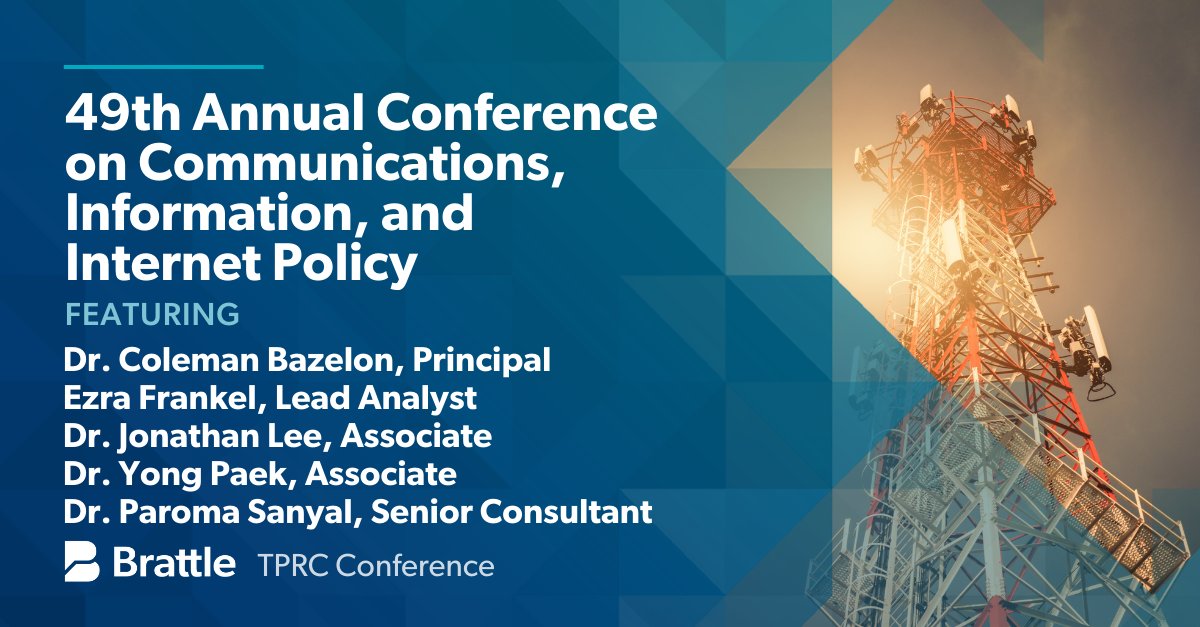 TheBrattleGroup's tweet image. Several Brattle consultants will join poster and paper sessions at the @TPRCtweets 49th Annual Research Conference on #Communications, Information, and #Internet Policy. bit.ly/3kvNetx #TPRC2021 #telecommunications
