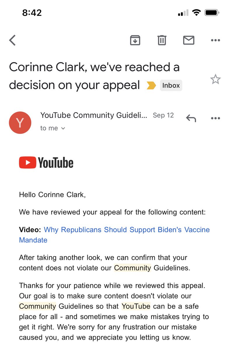 corinnec's tweet photo. Hey @youtube… it’s the same video! I wonder why you would grant an appeal with a title that supports the mandate and not one that suggests fighting it 🤔 it’s almost like it has nothing to do with “medical misinformation” and more to do with protecting Biden’s agenda. https://t.co/q0Mr1ZCKgM