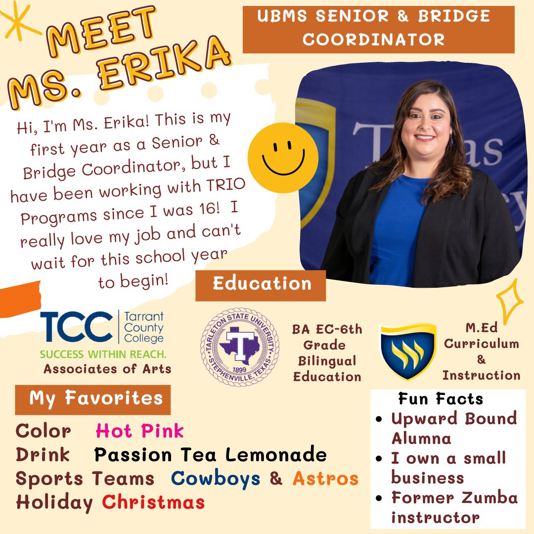 txwesub's tweet photo. Day 2 of "Meet the Staff"

Meet Ms. Erika! This is her first year as a Senior &amp; Bridge Coordinator but has been working with us for 2 years. 

Fun Fact: Ms. Erika likes to learn about different cultures and travels to different places to experience them in person.

#meetthestaff https://t.co/WW02KGNqYG