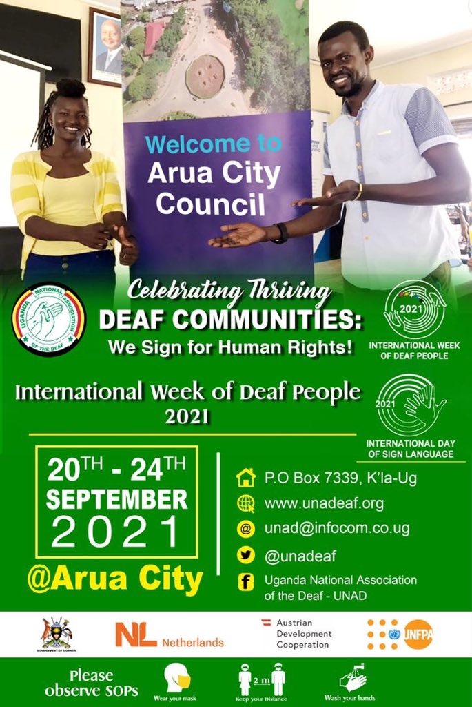 Thread: 
<a href="/UNFPAUganda/">UNFPA in Uganda</a> <a href="/MinofHealthUG/">Ministry of Health- Uganda</a> <a href="/WFDeaf_org/">World Federation of the Deaf</a> 
Our attention is now on Arua City for the next two days of the International Week of Deaf People. Some people have been asking us what they can do away from the venue - now that physical attendance is limited? Our response is: