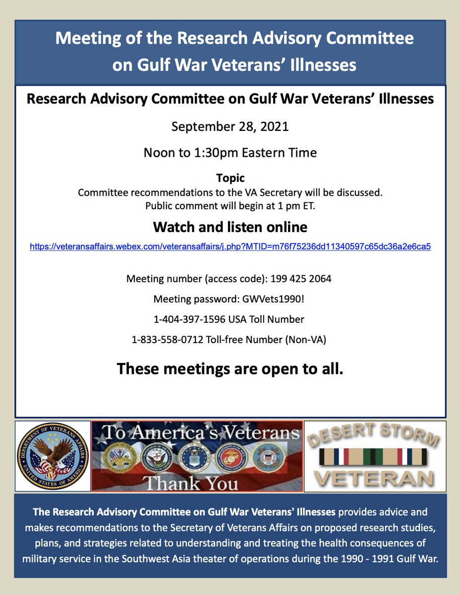 Doc4Deployed's tweet image. Join the Research Advisory Committee on Gulf War Veterans’ Illnesses as we share our recommendations to the VA Secretary on September 28th at 11am CT. The meeting is open for all and public comment will open at noon CT. The flyer contains more information.

#vethealth #gulfwar