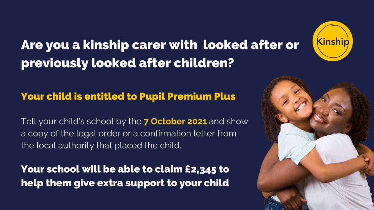 📣 Don't forget, the Pupil Premium Plus deadline is 7th October.

Have you notified your school yet? Don't miss out on getting extra support for your #kinshipchild.

Here's how to do it. 👇

kinship.org.uk/news/pupil-pre…