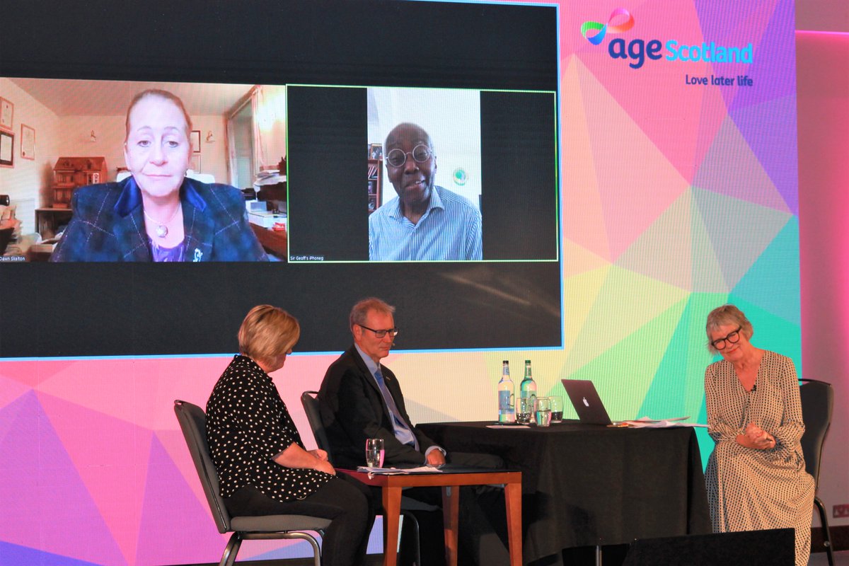 agescotland's tweet photo. Our #LaterLifeConf panel of @SirGeoffPalmer, Prof Dawn Skelton, @arlenecrockett3, @BrianMSloan and @ptupdate are discussing what is needed in order to recover from the negative impacts of the pandemic, and how to rebuild the network of older people’s groups and organisations. https://t.co/yW0b0KbYBq