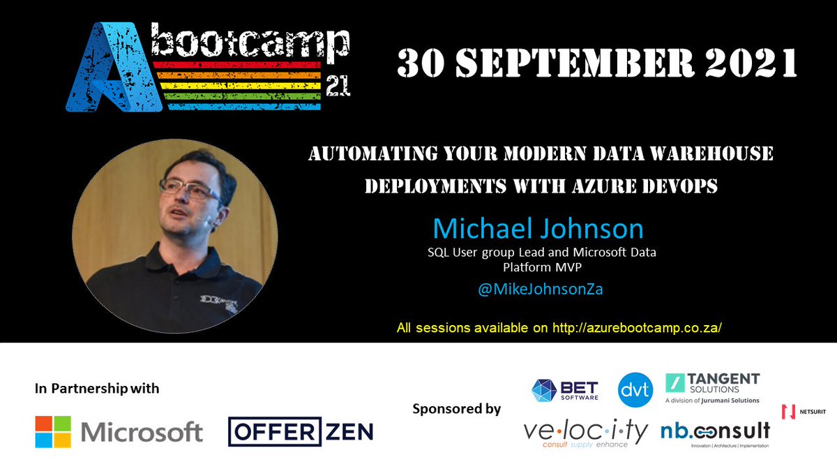 azurebootcampsa's tweet photo. Join @MikeJohnsonZa for "Automating your modern data warehouse deployments with Azure DevOps" at this year's #AzureBootcampSouthAfrica on the 30th of September @msdevsa @microsoftsa   https://t.co/S3PWcxrXzf https://t.co/jbNjQTgoof