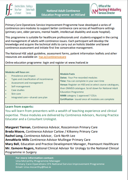Check out the National Adult Continence Education Programme on HSELand👇 <a href="/NMPDUKilkenny/">NMPDU Kilkenny</a> <a href="/NurMidONMSD/">ONMSD</a> <a href="/CorkKerryCH/">Cork Kerry Community Healthcare</a> <a href="/CUH_Cork/">Cork University Hospitals</a> <a href="/SIVUH/">South Infirmary Victoria University Hospital</a> <a href="/uhknursing/">UHKNURSING</a> <a href="/Mercycork/">Mercy University Hospital Cork</a> <a href="/BGHsswhg/">Bantry General Hospital -SSWHG</a> <a href="/MGH37804255/">Mallow General Hospital</a>