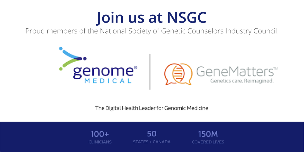 GenomeMed's tweet photo. Did you know? @GenomeMed and @GeneMatters have joined forces to become the #digitalhealth leader for #genomicmedicine and both are proud members of the #NSGC Industry Council. Join us at #NSGC201 to learn more. 

#patientaccess #telegenetics genomics #genetics #gcchat https://t.co/ugsw0f3snR