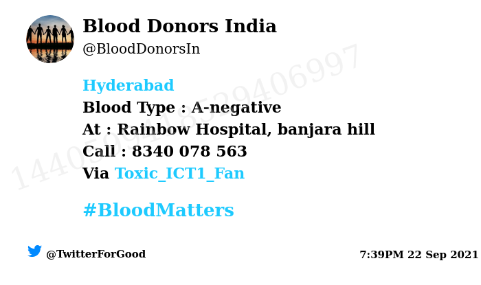 BloodDonorsIn's tweet photo. #Hyderabad
Need #Blood Type :  A-negative
Blood Component : blood
Number of Units : 2
Primary Number : 8340 078 563
Patient : 2 day old baby
Via: @Toxic_ICT1_Fan
#BloodMatters
Powered by Twitter https://t.co/erne6yx4RE