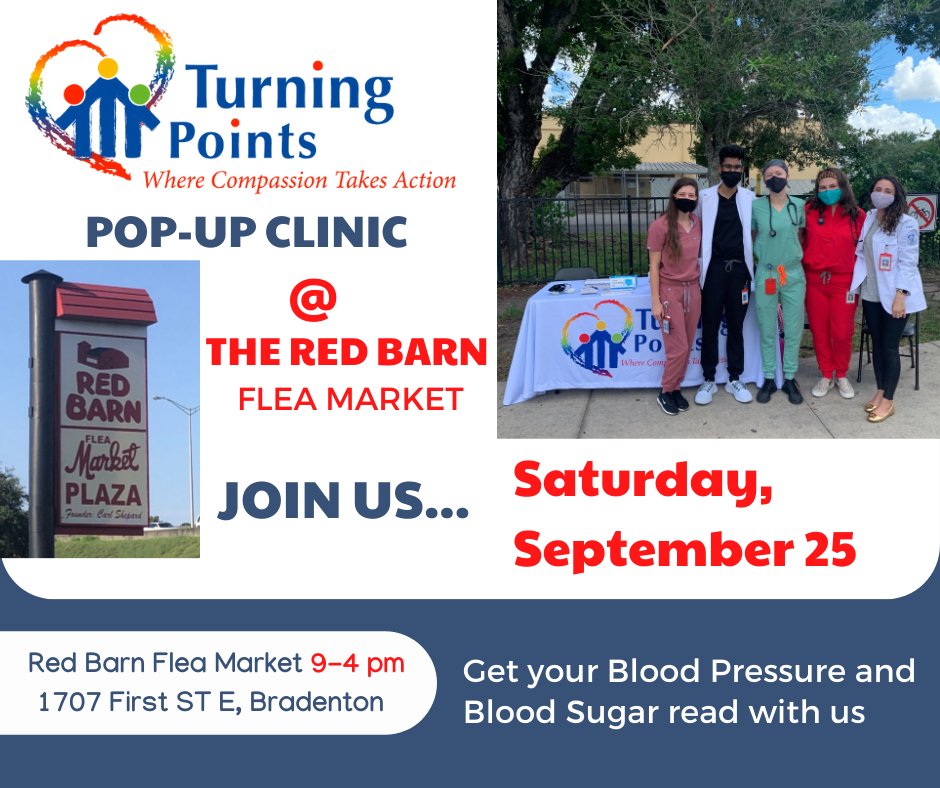 Turning Points (@turningpointsfl) on Twitter photo Stop by the <a href="/TurningPointsFL/">Turning Points</a> Pop-Up Clinic at the Red Barn Flea Market on Saturday from 9am-4pm to get a free blood pressure check and blood sugar check! And to get more info about becoming a patient at the free Medical and Dental Clinic. Stop by the <a href="/TurningPointsFL/">Turning Points</a> Pop-Up Clinic at the Red Barn Flea Market on Saturday from 9am-4pm to get a free blood pressure check and blood sugar check! And to get more info about becoming a patient at the free Medical and Dental Clinic.