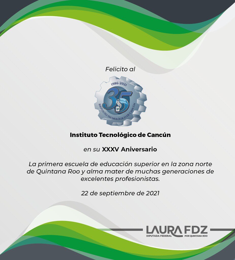 Muchas felicidades a docentes, alumnos, padres de familia y directivos del Instituto Tecnológico de Cancún que a lo largo de 35 años han forjado a profesionistas con identidad y arraigo local. Mi reconocimiento a su directora la Maestra Xóchitl Carmona.

Enhorabuena!