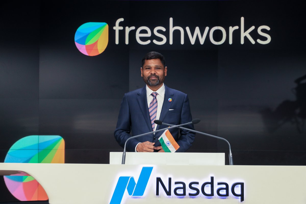 NasdaqExchange's tweet photo. 🔔 @FreshworksInc makes it fast and easy for businesses to delight their customers and employees.
 
Today, the $FRSH team rings the @Nasdaq Opening Bell in honor of their listing day. Thank you for joining us! https://t.co/6fyUjCuIrJ
