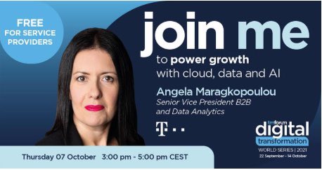 AMaragopoulou's tweet photo. I’m pleased to share that I’ll be speaking during TM Forum’s Digital Transformation World Series 2021 event. Join me on the 7th of October at 3pm CET for a discussion on AI at scale - Ensuring an organizational wide approach.
 #TMFDigital
https://t.co/4Pg1hlLA8O https://t.co/JUAPmG6jOv