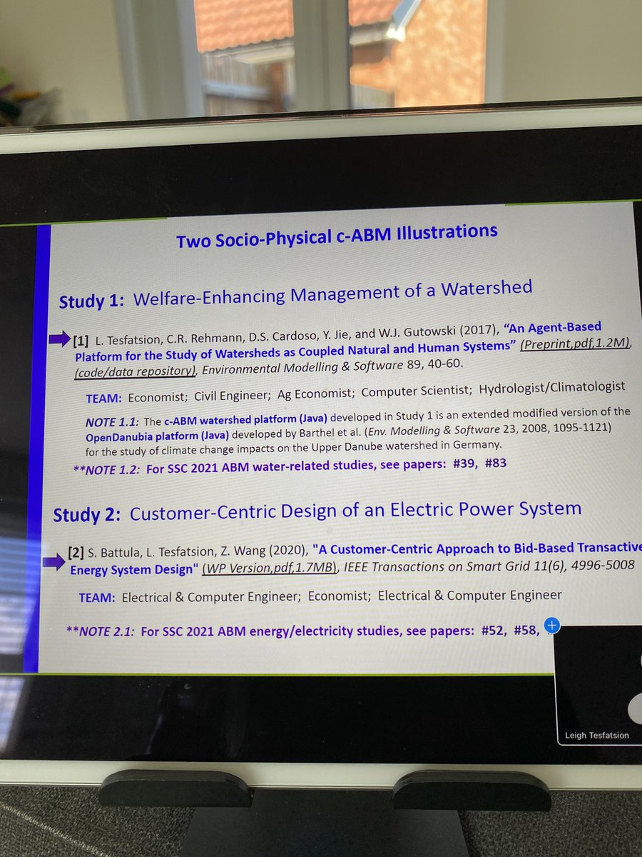 Kavinpreethi's tweet image. So thrilled! The excitement when Prof Leigh Tesfatsion cites our work in her keynote address at #SSC2021 as an example of combining agent-based modelling with physical models to study water management as a socio-physical system #futuredams @CRESS_Surrey @micrology @CElsenbroich