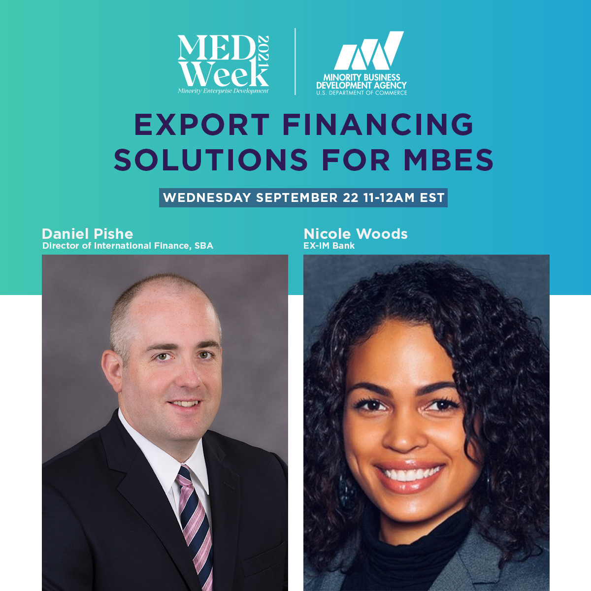 USMBDA's tweet photo. It's International Trade Day at #2021MEDWeek! Join these export financing experts as they discuss different finance tools for exporters including working capital, credit insurance and more! Join us at https://t.co/OwHs41UTny! https://t.co/m3TSDHNFQS