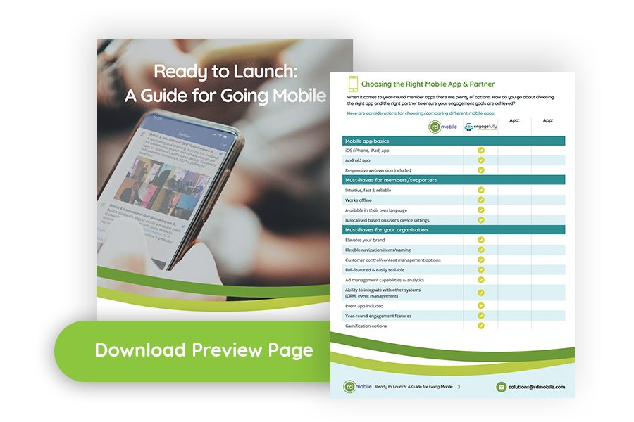RDMobile's tweet photo. The Ready to Launch: Guide for Going Mobile will help you to choose the best mobile app and partner to elevate your organization and provide greater value to your members.
 
Download Guide: https://t.co/d6ixa5AXX0
 
#rdmobile #memberapp #engagefully #associations #eventtech https://t.co/HnJH2ht3u5