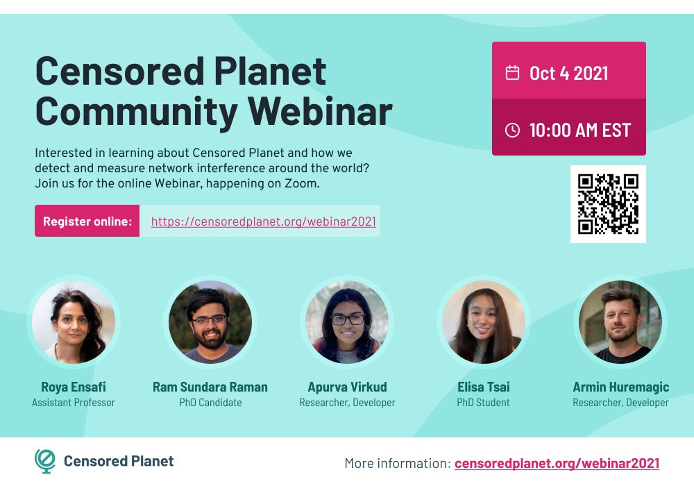Let's celebrate <a href="/CensoredPlanet/">Censored Planet</a> 3 years of operation with our team sharing our progress, new data, and lessons-learned.

📢📢 also announcing new and exciting capabilities for the community!!!

Join us: Monday, Oct 4, 10 - 11:30 AM ET 
Register: censoredplanet.org/webinar2021