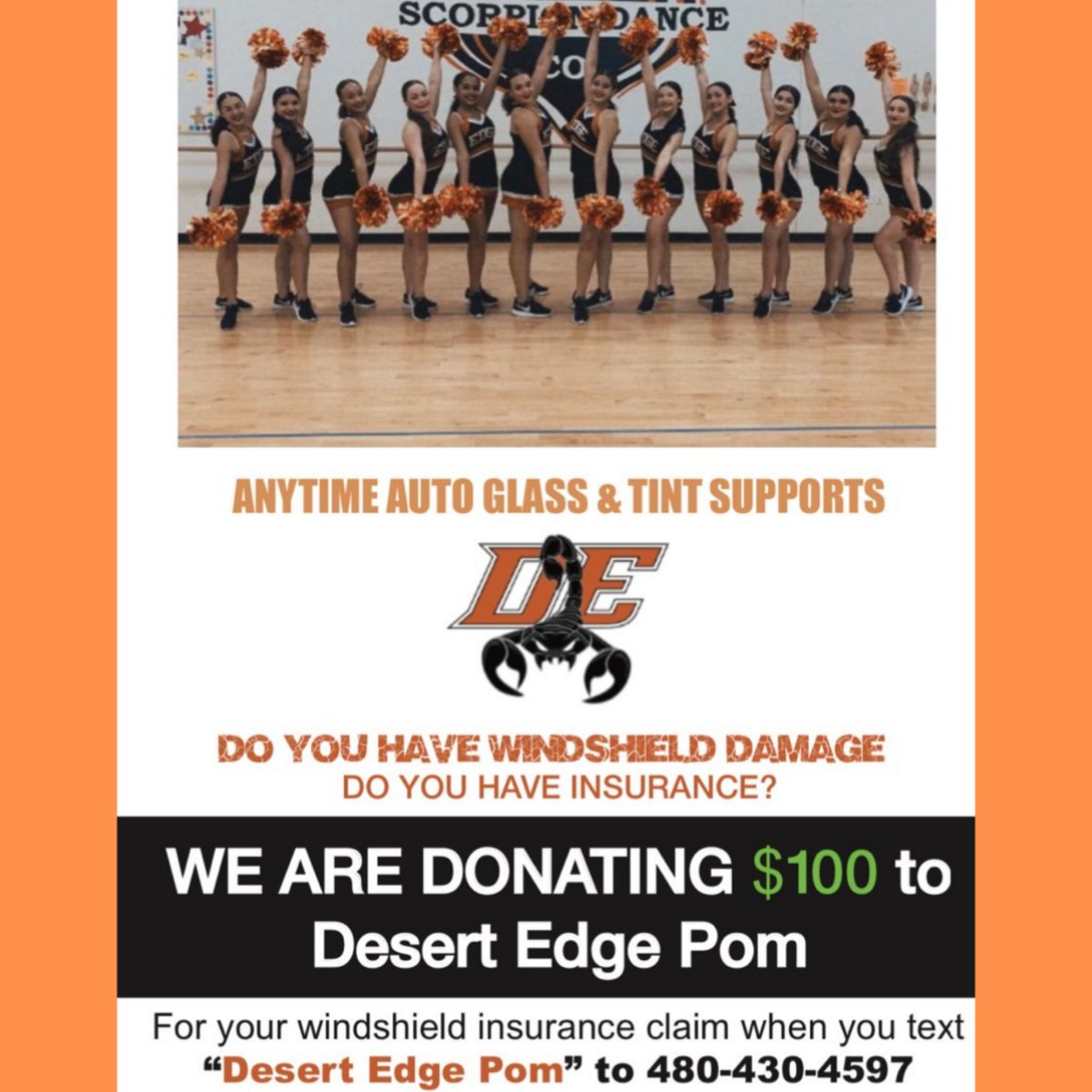 Windshield cracked? The DE Pom Boosters are partnering with Anytime Auto Glass &amp; Tint to repair your windshields! 

For every windshield that is replaced, Anytime Auto Glass &amp; Tint will donate $100 to our team! Give them a call and let them know you’re supporting DE Pom.