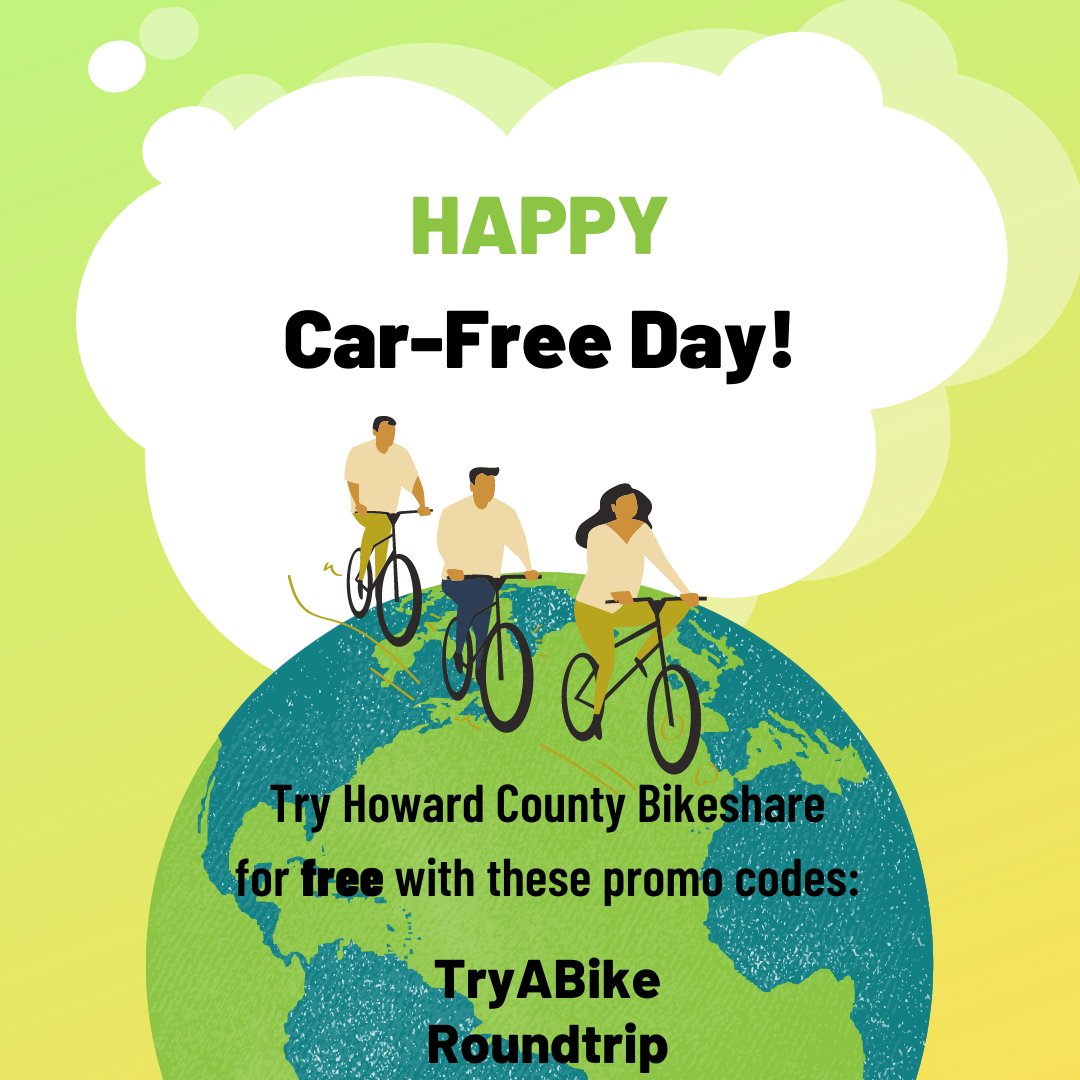 Car Free Day is about leaving your car for a day and try other modes of transport. We offer 2 free 30-minute rides with these promocodes
TryABike
Roundtrip 
Create your Pay Per Ride Pass account on the app &amp; add these promocodes to your account to take advantage of the promotion.
