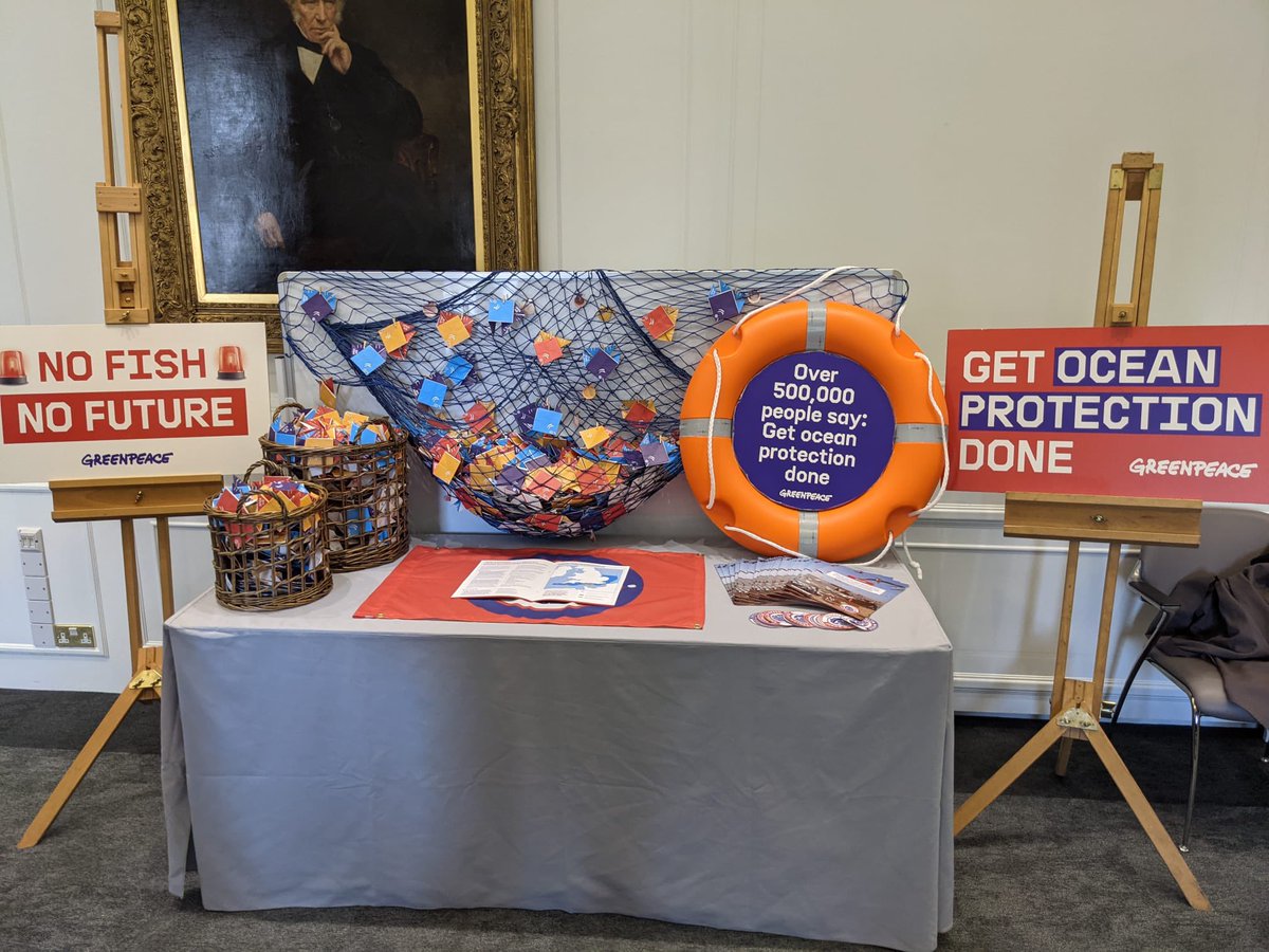 GreenpeaceUK's tweet photo. Westminster event happening as we speak! Politics team representing the 510,000 people who signed the petition to stop destructive fishing in Marine Protected Areas. And all of the incredible local groups who gathered signatures with these origami fish 🐠 #GetOceanProtectionDone https://t.co/RYpSMRSKT3