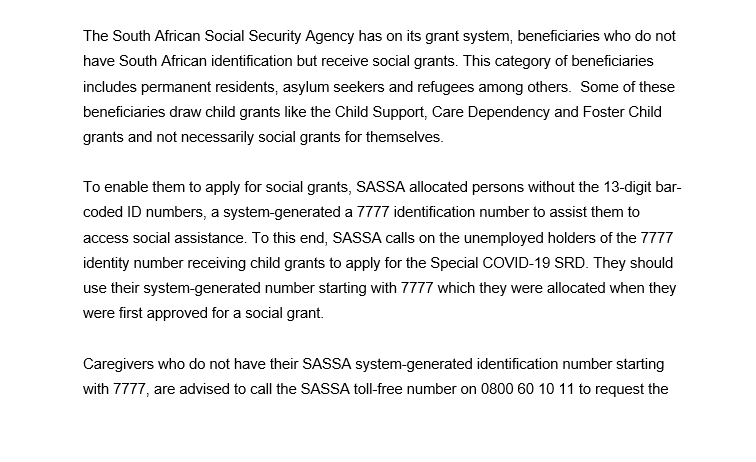 OfficialSASSA's tweet photo. Press release: unemployed caregivers with no ID Books eligible for COVID-19 SRD Grant #SASSACARES @PostofficeSa @The_DSD @nda_rsa @GovernmentZA @GCISMedia @SAgovnews https://t.co/WDpNTXY42u