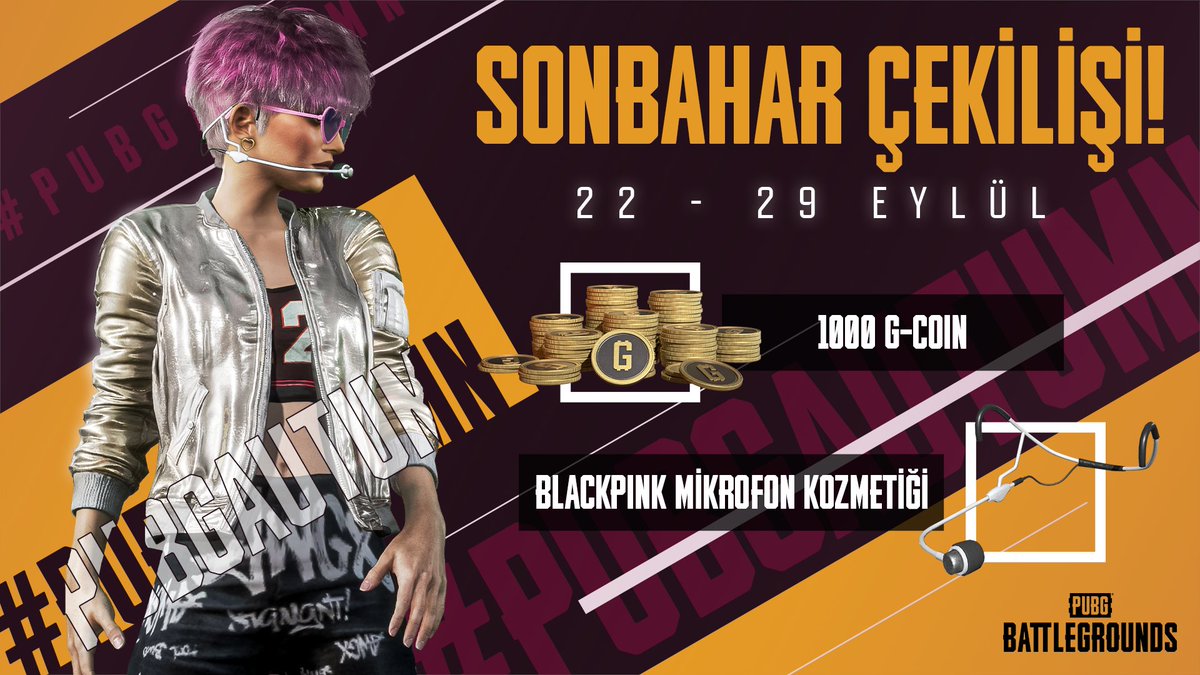 PUBG_TUR's tweet photo. PUBG taraftarları, Sonbahar Çekilişi ile karşınızdayız! 🍂 5 rastgele kazanan 1,000 G-COIN ve BLACKPINK Mikrofon Kozmetiği kazanacak!

✔️ Beğen &amp; RT'le
✔️ Bizi Takip Et
✔️ Sonbaharda geçirmeyi en sevdiğin PUBG konumunu #PUBGAutumn etiketiyle paylaş

Son gün 29 Eylül (+18) https://t.co/zc3xUuLAER
