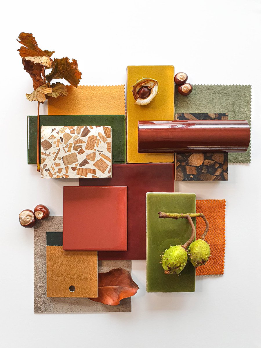 Embracing the spirit of Autumn 🍂 Gorgeous Nappa leathers, sustainable timber terrazzo, hand-glazed tiles, and check out those glossy conkers 😍⁠ @DomusTiles @YarwoodLeather @grestectiles @SunburyDesign @JohnsonTiles @Polyflorltd @SolusCeramics #interiordesign #autumm