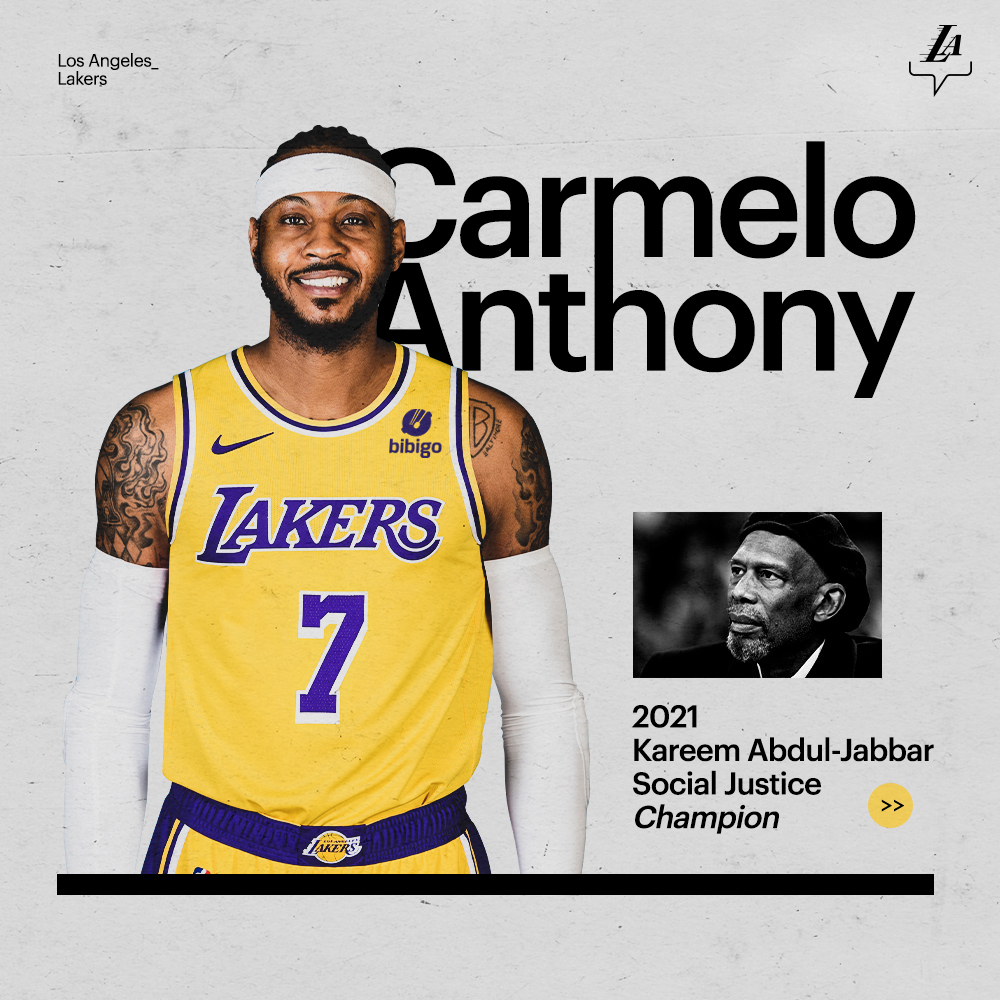 Lakers's tweet photo. Proud to have the first ever Kareem Abdul-Jabbar Social Justice Champion on our team 👏

@carmeloanthony x @kaj33 https://t.co/PKbd1vuUMB