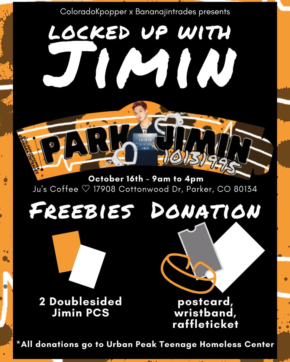 ColoradoKpopper's tweet photo. We are back once again to bring you a birthday cupsleeve celebration! This time we are celebrating Park Jimin!

Come help us celebrate and get "locked up" with Jimin in our criminal theme event. Enjoy Boba, freebies, raffles, and more!

#BTS #JIMIN #HappyJiminDay https://t.co/cUc8nSqjYS