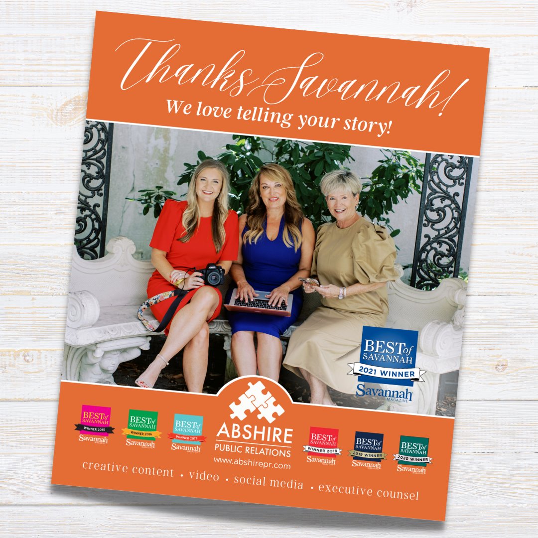 AbshirePR's tweet photo. Savannah, we can't thank you enough 👏 We love telling your stories each and everyday! We are honored to have been voted the 'Best Public Relations Firm' for the 7th consecutive year!  #thankyou #abshirepr #publicrelations #savannah #bestofsavannah #bos2021 https://t.co/IkmSWukb3i