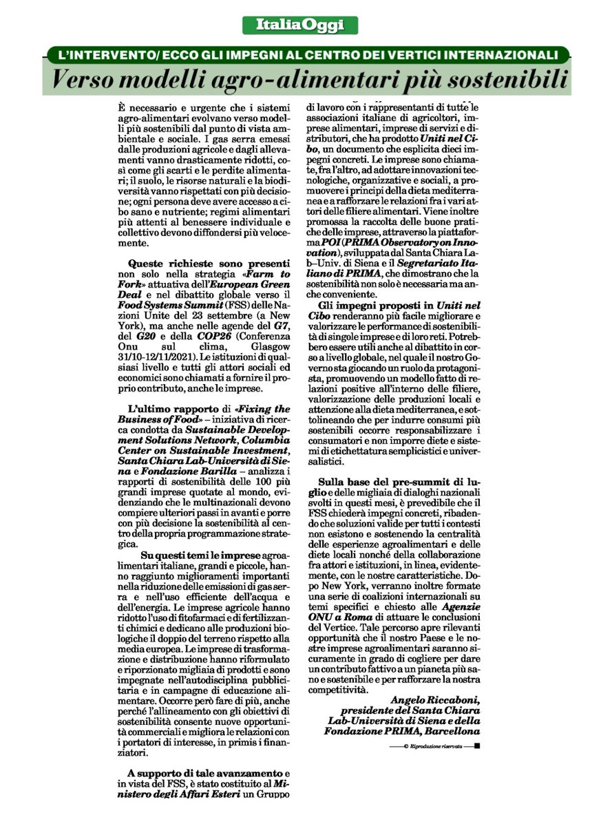 SantachiaraLab's tweet photo. 👉Su @ItaliaOggi-Agricoltura Oggi l'intervento del prof @AngeloRiccaboni alla vigilia del UN @FoodSystems: il contributo fattivo dell'Italia🇮🇹nel dibattito internazionale sui percorsi verso la sostenibilità dei sistemi #agrifood.
@chiaroeforte
#UnitinelCibo #FixingFood #UNFSS2021 https://t.co/gitIbzcQvA