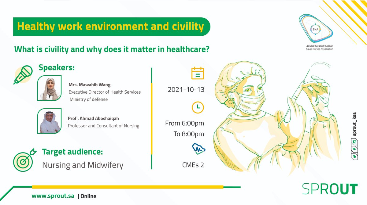 sprout_ksa's tweet photo. 🔺دورة مجانية🔺
🌟بالتعاون مع الجمعية السعودية للتمريض @Saudi_Nurses 
يسرنا أن نقدم لكم دورة 
Healthy work environment and civility
"What is civility and why does it matter in healthcare?"
🔴FREE
🕛2 CMEs
🗓️13 October
📍Online
للمزيد من المعلومات والتسجيل: https://t.co/2BgYmYeEmy https://t.co/cdphHLESyO