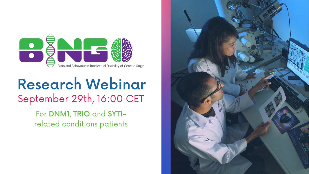 RareConnect's tweet photo. One week remained until webinar on #DNM1, #TRIO, #SYT1 related disorders starts.
๐Join us on September 29th at 16:00 CET, with the BINGO research group (University of Cambridge, University of Oxford) to discuss patient research opportunities: https://t.co/BPtuJNqbh0 https://t.co/QvvQylG6Ey